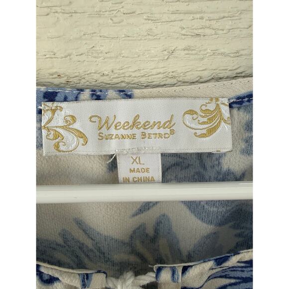 Weekend Suzanne Betro Blue Floral Blouse XL Boho Tie Neck Top - Picture 5 of 8